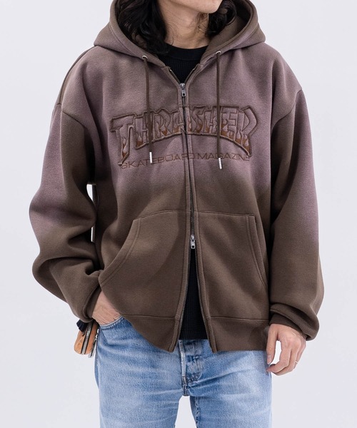 THRASHER(スラッシャー)の「【at】〔THRASHER/スラッシャー〕裏起毛 フェード加工 ファイアーロゴアップリケ ダブルジップパーカー(パーカー・メンズ・ブラウン/ピンク/ブラック・FREE/LARGE/MEDIUM)」の10枚目の写真