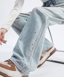 shoppinggo（ショッピングゴー）の「ラインストーンデニムパンツ ビジュジーパン ベルボトム ジーンズパンツ ボトムス（デニムパンツ）」