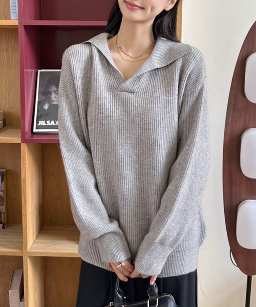Eclat one(エクラワン)の「【Eclat one】スキッパー オーバーサイズ ニット(ニット/セーター・レディース・ブラック/グレイッシュベージュ/ホワイト/グレー・FREE)」の22枚目の写真