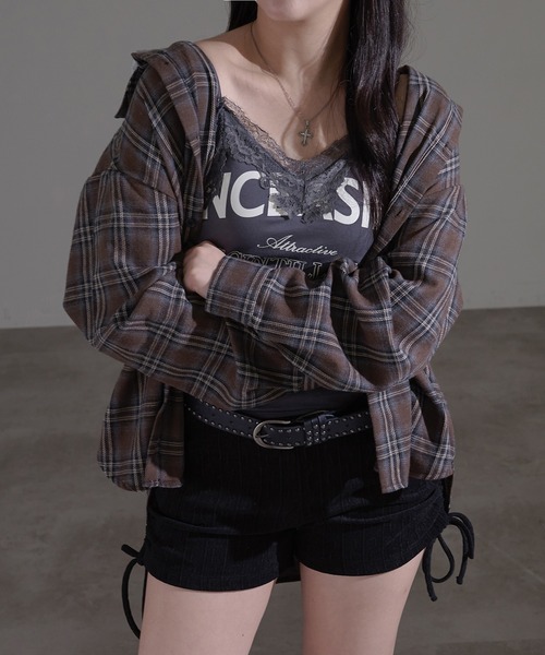 apres jour mignon(アプレジュールミニョン)の「フード付きチェックシャツ(シャツ/ブラウス・レディース・ネイビー/ブラウン系その他/ブラック・X-LARGE/フリー)」の12枚目の写真