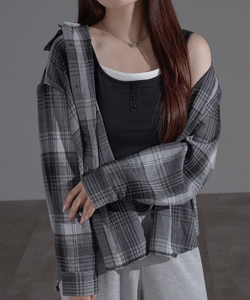 apres jour mignon(アプレジュールミニョン)の「フード付きチェックシャツ(シャツ/ブラウス・レディース・ネイビー/ブラウン系その他/ブラック・X-LARGE/フリー)」の16枚目の写真