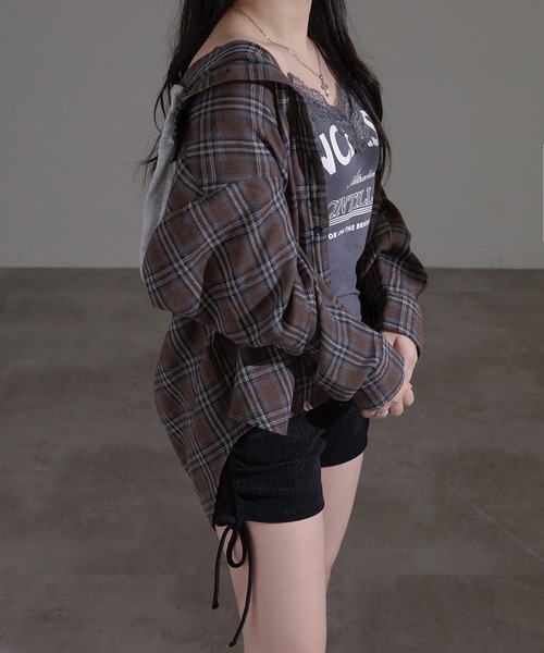 apres jour mignon(アプレジュールミニョン)の「フード付きチェックシャツ(シャツ/ブラウス・レディース・ネイビー/ブラウン系その他/ブラック・X-LARGE/フリー)」の20枚目の写真
