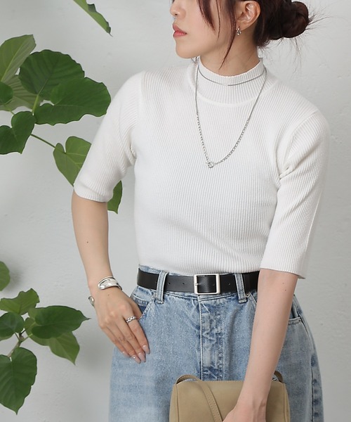 COLONY 2139（コロニートゥーワンスリーナイン）の「PBT5分袖ハイネックプルオーバー（ニット/セーター・レディース・ベージュ/ブラウン/ピンク/バーガンディー/オフホワイト/ブルー/ブラック/グレー系その他・FREE）」の2枚目の写真