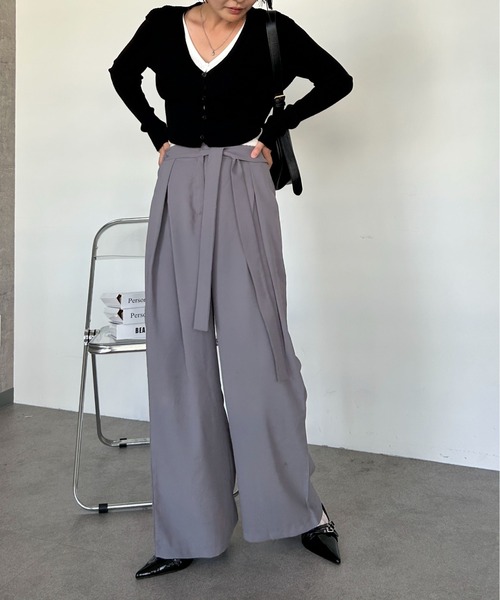 Maison Calme（メゾンカルム）の「ウエストリボンデザイン ルーズワイドスラックス　オールシーズン　定番　きれいめ（スラックス・レディース・ブラック/グレー・F）」の4枚目の写真