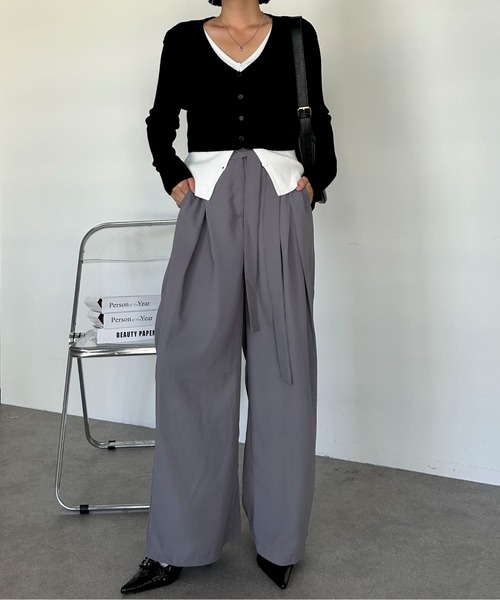 Maison Calme（メゾンカルム）の「ウエストリボンデザイン ルーズワイドスラックス　オールシーズン　定番　きれいめ（スラックス・レディース・ブラック/グレー・F）」の7枚目の写真