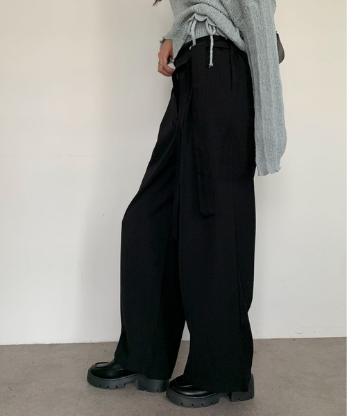 Maison Calme（メゾンカルム）の「ウエストリボンデザイン ルーズワイドスラックス　オールシーズン　定番　きれいめ（スラックス・レディース・ブラック/グレー・F）」の16枚目の写真