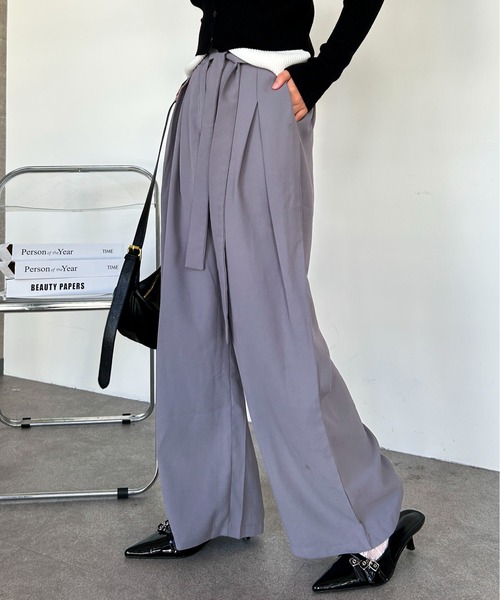 Maison Calme（メゾンカルム）の「ウエストリボンデザイン ルーズワイドスラックス　オールシーズン　定番　きれいめ（スラックス・レディース・ブラック/グレー・F）」の19枚目の写真