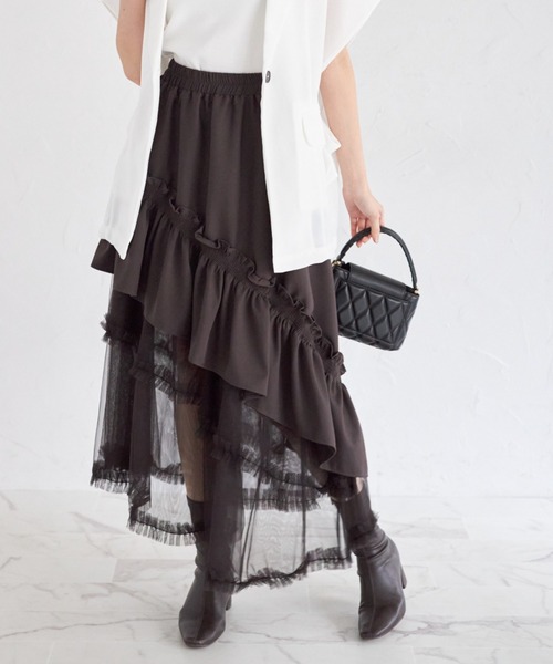 tocco closet（トッコ　クローゼット）の「【ZOZO限定】チュールフリル切替アシメトリースカート（スカート・レディース・モーブ系/ブラック/チャコールグレー・M）」の3枚目の写真