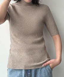 【縫い目のないシームレス】ハイネック 半袖 リブニット プルオーバー モックネック
