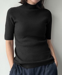 【縫い目のないシームレス】ハイネック 半袖 リブニット プルオーバー モックネック
