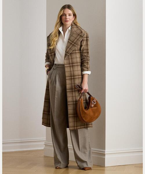 セール】プリーテッド ウール ヘリンボーン ワイドレッグ パンツ