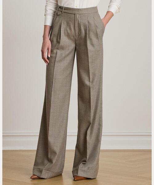 セール】プリーテッド ウール ヘリンボーン ワイドレッグ パンツ