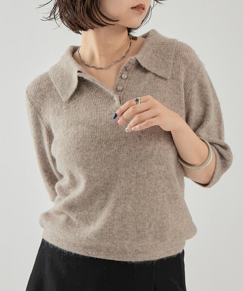 mystic（ミスティック）の「衿付き半袖ニット（ニット/セーター・レディース・グレー/ベージュ/ブラック・FREE）」の3枚目の写真