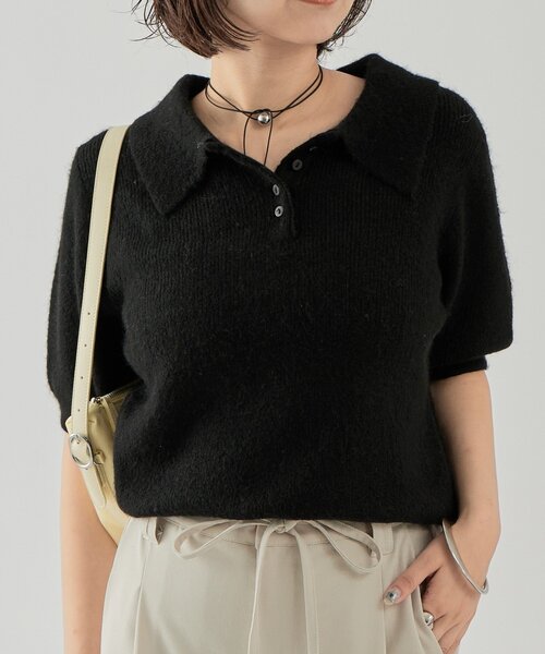 SHISHIKUI 付き半袖ニット SHISHIKUI 付き半袖ニット セール】ワンポイント胸元刺繍 ケーブニット