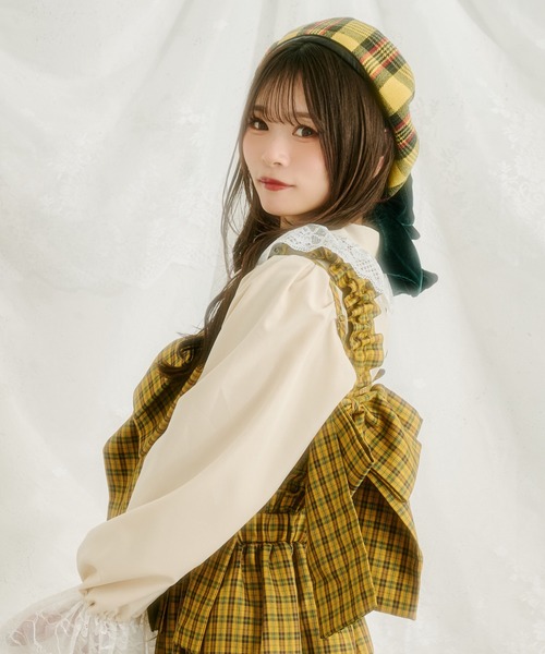 kutir（クティール）の「【クティールとレトロ】ベロアリボンチェックベレー帽（ハンチング/ベレー帽・レディース・ブラウン/グリーン/レッド/イエロー・FREE）」の4枚目の写真