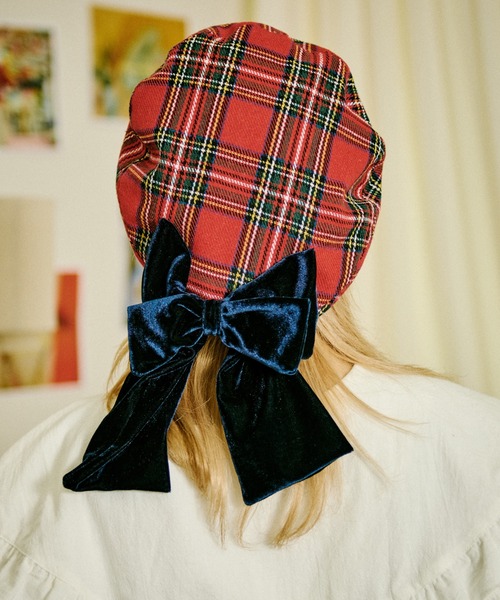 クティールとレトロ】ベロアリボンチェックベレー帽（ハンチング