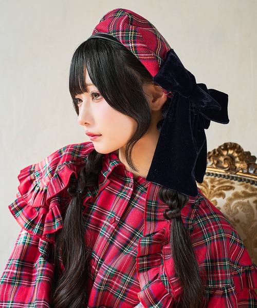 kutir（クティール）の「【クティールとレトロ】ベロアリボンチェックベレー帽（ハンチング/ベレー帽・レディース・ブラウン/グリーン/レッド/イエロー・FREE）」の12枚目の写真