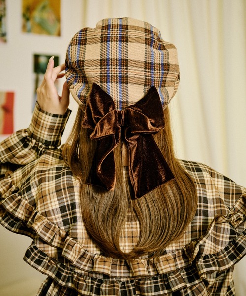 セール】【クティールとレトロ】ベロアリボンチェックベレー帽