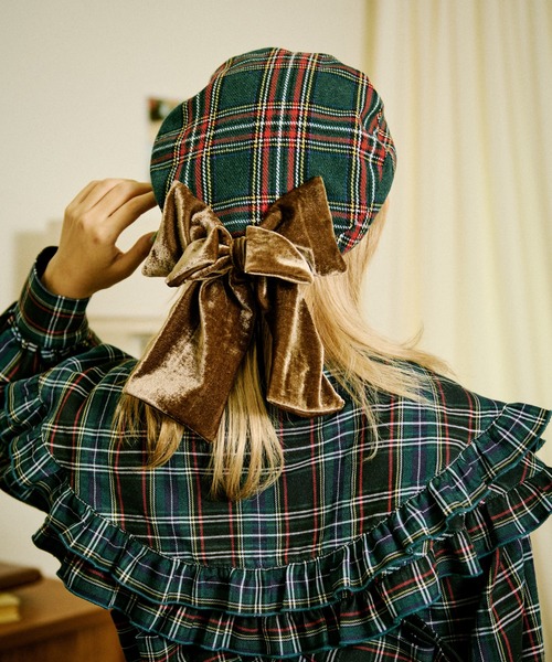 セール】【クティールとレトロ】ベロアリボンチェックベレー帽