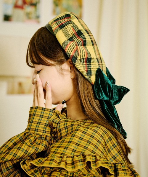 セール】【クティールとレトロ】ベロアリボンチェックベレー帽