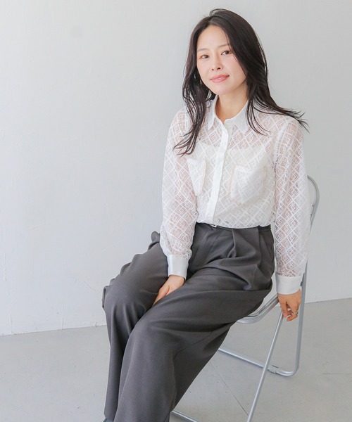 HER CLOSET(ハークローゼット)の「【HER CLOSET】オフィスカジュアル 長袖レースシアーシャツブラウス OFFICE CASUAL LONG SLEEVE LACE SHEER SHIRT BLOUSE(シャツ/ブラウス・レディース・ホワイト/ブラック・MEDIUM)」の1枚目の写真