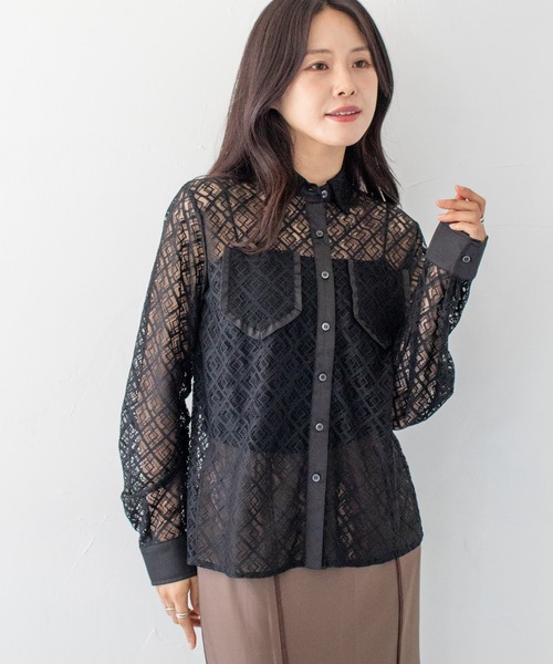 HER CLOSET(ハークローゼット)の「【HER CLOSET】オフィスカジュアル 長袖レースシアーシャツブラウス OFFICE CASUAL LONG SLEEVE LACE SHEER SHIRT BLOUSE(シャツ/ブラウス・レディース・ホワイト/ブラック・MEDIUM)」の2枚目の写真