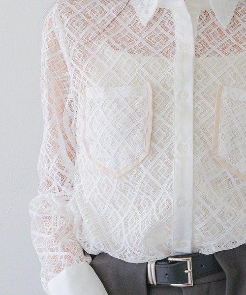HER CLOSET(ハークローゼット)の「【HER CLOSET】オフィスカジュアル 長袖レースシアーシャツブラウス OFFICE CASUAL LONG SLEEVE LACE SHEER SHIRT BLOUSE(シャツ/ブラウス・レディース・ホワイト/ブラック・MEDIUM)」の4枚目の写真