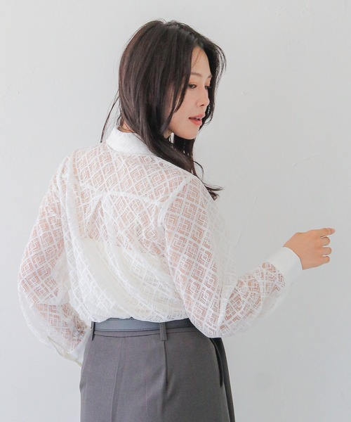 HER CLOSET(ハークローゼット)の「【HER CLOSET】オフィスカジュアル 長袖レースシアーシャツブラウス OFFICE CASUAL LONG SLEEVE LACE SHEER SHIRT BLOUSE(シャツ/ブラウス・レディース・ホワイト/ブラック・MEDIUM)」の12枚目の写真