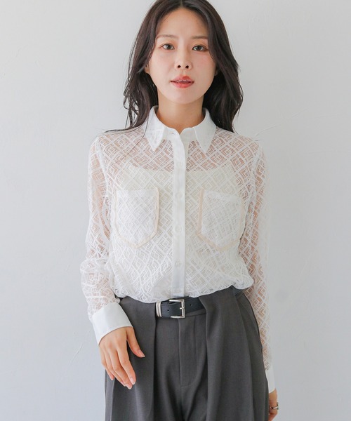HER CLOSET(ハークローゼット)の「【HER CLOSET】オフィスカジュアル 長袖レースシアーシャツブラウス OFFICE CASUAL LONG SLEEVE LACE SHEER SHIRT BLOUSE(シャツ/ブラウス・レディース・ホワイト/ブラック・MEDIUM)」の15枚目の写真