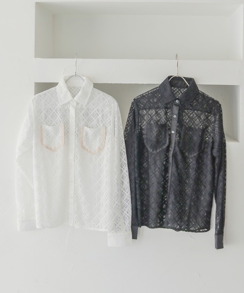 HER CLOSET(ハークローゼット)の「【HER CLOSET】オフィスカジュアル 長袖レースシアーシャツブラウス OFFICE CASUAL LONG SLEEVE LACE SHEER SHIRT BLOUSE(シャツ/ブラウス・レディース・ホワイト/ブラック・MEDIUM)」の3枚目の写真