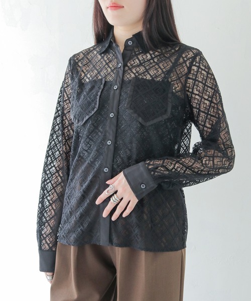 HER CLOSET(ハークローゼット)の「【HER CLOSET】オフィスカジュアル 長袖レースシアーシャツブラウス OFFICE CASUAL LONG SLEEVE LACE SHEER SHIRT BLOUSE(シャツ/ブラウス・レディース・ホワイト/ブラック・MEDIUM)」の14枚目の写真