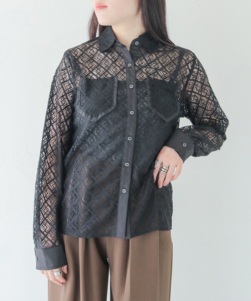 HER CLOSET(ハークローゼット)の「【HER CLOSET】オフィスカジュアル 長袖レースシアーシャツブラウス OFFICE CASUAL LONG SLEEVE LACE SHEER SHIRT BLOUSE(シャツ/ブラウス・レディース・ホワイト/ブラック・MEDIUM)」の11枚目の写真