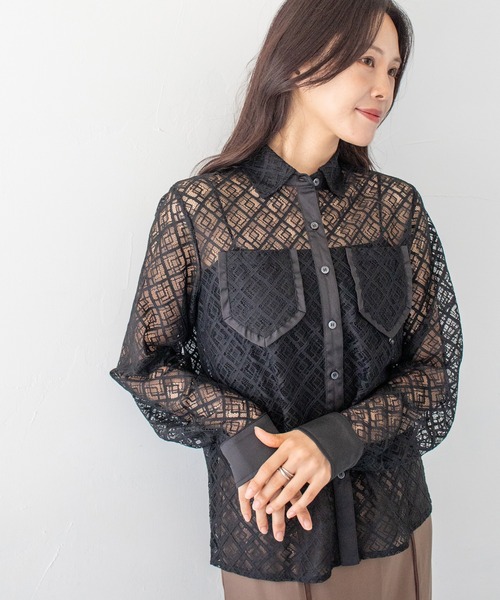 HER CLOSET(ハークローゼット)の「【HER CLOSET】オフィスカジュアル 長袖レースシアーシャツブラウス OFFICE CASUAL LONG SLEEVE LACE SHEER SHIRT BLOUSE(シャツ/ブラウス・レディース・ホワイト/ブラック・MEDIUM)」の21枚目の写真