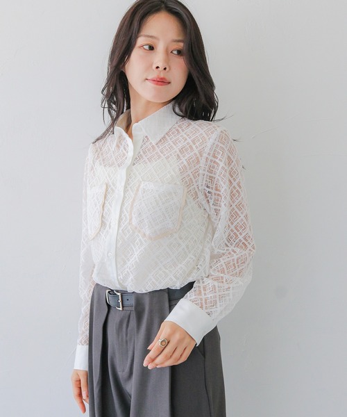 HER CLOSET】オフィスカジュアル 長袖レースシアーシャツブラウス