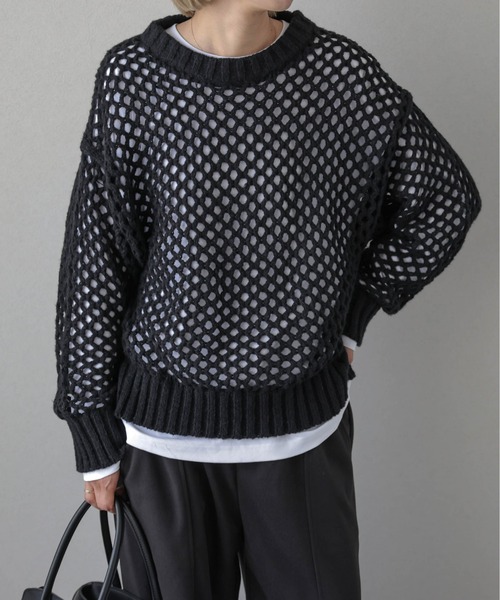 AMELY（エミリー）の「メッシュニットトップス（ニット/セーター・レディース・ブラック/アイボリー/モカ・フリー）」の2枚目の写真
