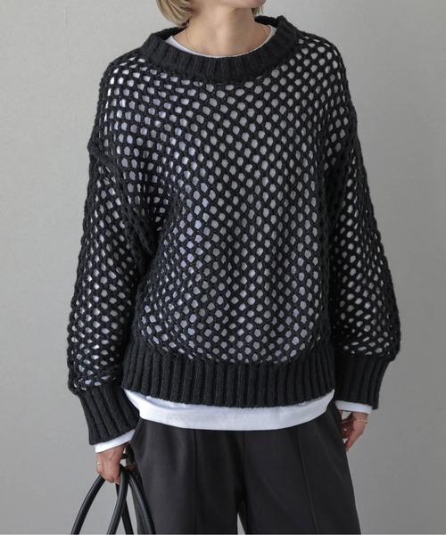 AMELY（エミリー）の「メッシュニットトップス（ニット/セーター・レディース・ブラック/アイボリー/モカ・フリー）」の8枚目の写真