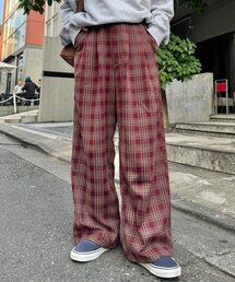 90s CORTIGIANI イタリア製　リネンパンツ　チェックパンツ　赤色 90s CORTIGIANI イタリア製 リネンパンツ チェックパンツ 赤色