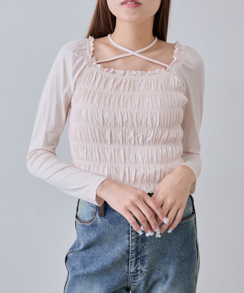 OLIVE des OLIVE(オリーブデオリーブ)の「シャーリングロンT(Tシャツ/カットソー・レディース・オフホワイト/その他/ピンク/ブラウン/チャコールグレー/サーモンピンク・FREE)」の5枚目の写真