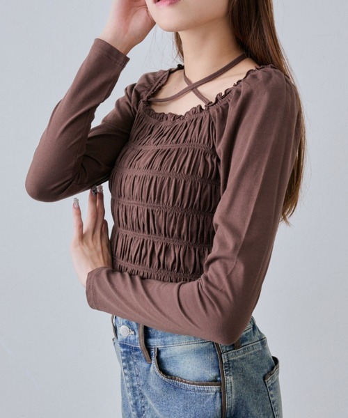 OLIVE des OLIVE(オリーブデオリーブ)の「シャーリングロンT(Tシャツ/カットソー・レディース・オフホワイト/その他/ピンク/ブラウン/チャコールグレー/サーモンピンク・FREE)」の12枚目の写真