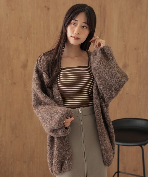 SUWDEE(スーディー)の「balloon sleeve mix knit cardigan(カーディガン/ボレロ・レディース・グレー/パープル/ブラウン/キャメル・FREE)」の1枚目の写真