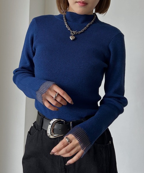 ハイネックバイカラースリーブ【マシンウォッシャブル】（ニット