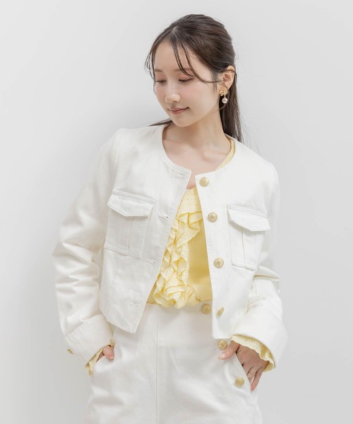 RANDA ノーカラーショートデニムジャケット ホワイト セール】ノーカラーショートデニムジャケット（デニムジャケット