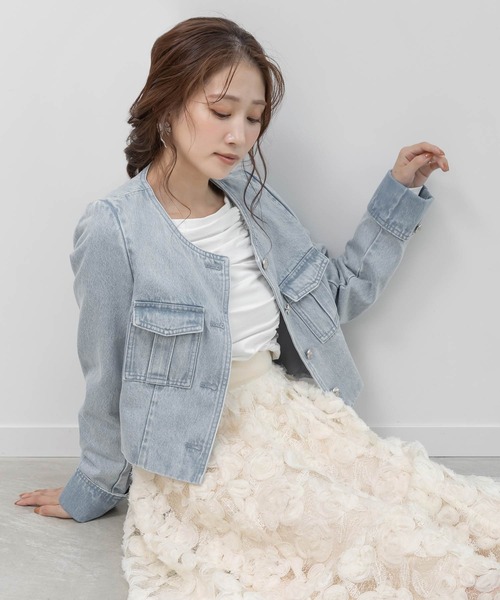 RANDA(ランダ)の「ノーカラーショートデニムジャケット(デニムジャケット・レディース・インディゴブルー/ブルー・0/1)」の1枚目の写真