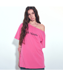 NICOLE ONE SHOULDER RELAXED LOGO TOP_PINK