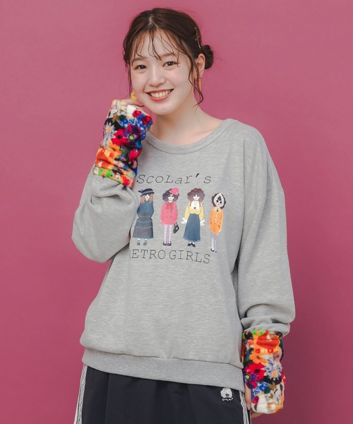 ScoLar(スカラー)の「153744:アームウォーマー付き レトロ柄裏毛プルオーバー(Tシャツ/カットソー・レディース・ブラック/杢グレー/オートミール・M)」の2枚目の写真