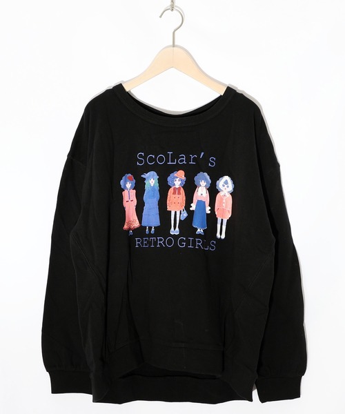 ScoLar(スカラー)の「153744:アームウォーマー付き レトロ柄裏毛プルオーバー(Tシャツ/カットソー・レディース・ブラック/杢グレー/オートミール・M)」の1枚目の写真