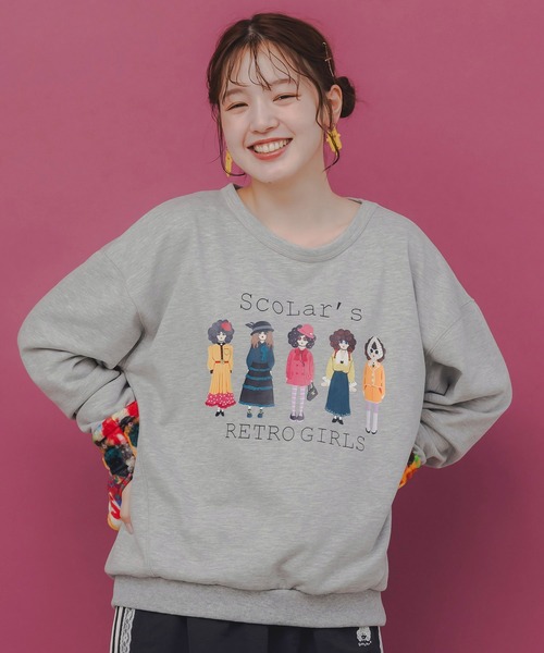 ScoLar(スカラー)の「153744:アームウォーマー付き レトロ柄裏毛プルオーバー(Tシャツ/カットソー・レディース・ブラック/杢グレー/オートミール・M)」の6枚目の写真