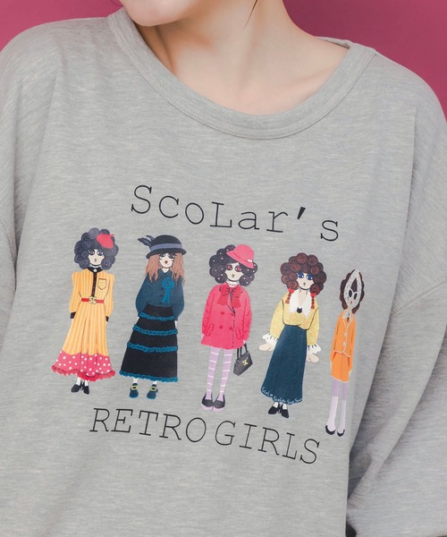 ScoLar(スカラー)の「153744:アームウォーマー付き レトロ柄裏毛プルオーバー(Tシャツ/カットソー・レディース・ブラック/杢グレー/オートミール・M)」の9枚目の写真