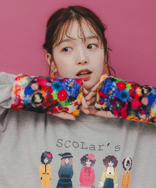 ScoLar(スカラー)の「153744:アームウォーマー付き レトロ柄裏毛プルオーバー(Tシャツ/カットソー・レディース・ブラック/杢グレー/オートミール・M)」の10枚目の写真