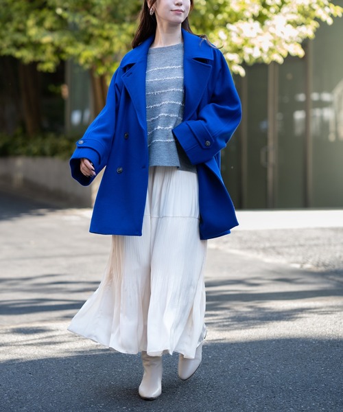 STRAWBERRY-FIELDS（ストロベリーフィールズ）の「ラムウールメルトン_ウールミディアムコート（その他アウター・レディース・ブルー/ベージュ・2）」の3枚目の写真